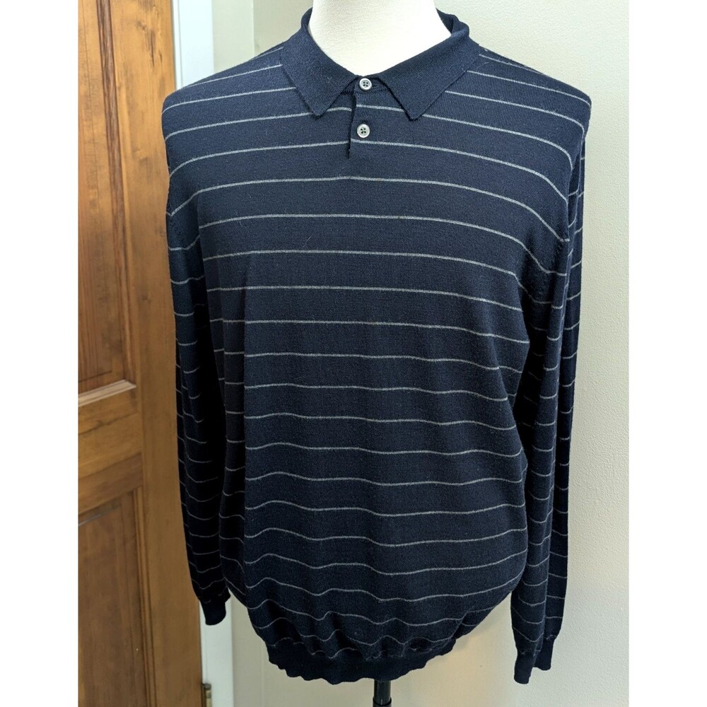 Eddie Bauer Merino Wool Polo Sweater Men's XL TALL  Black Gray Stripe VTG 90s